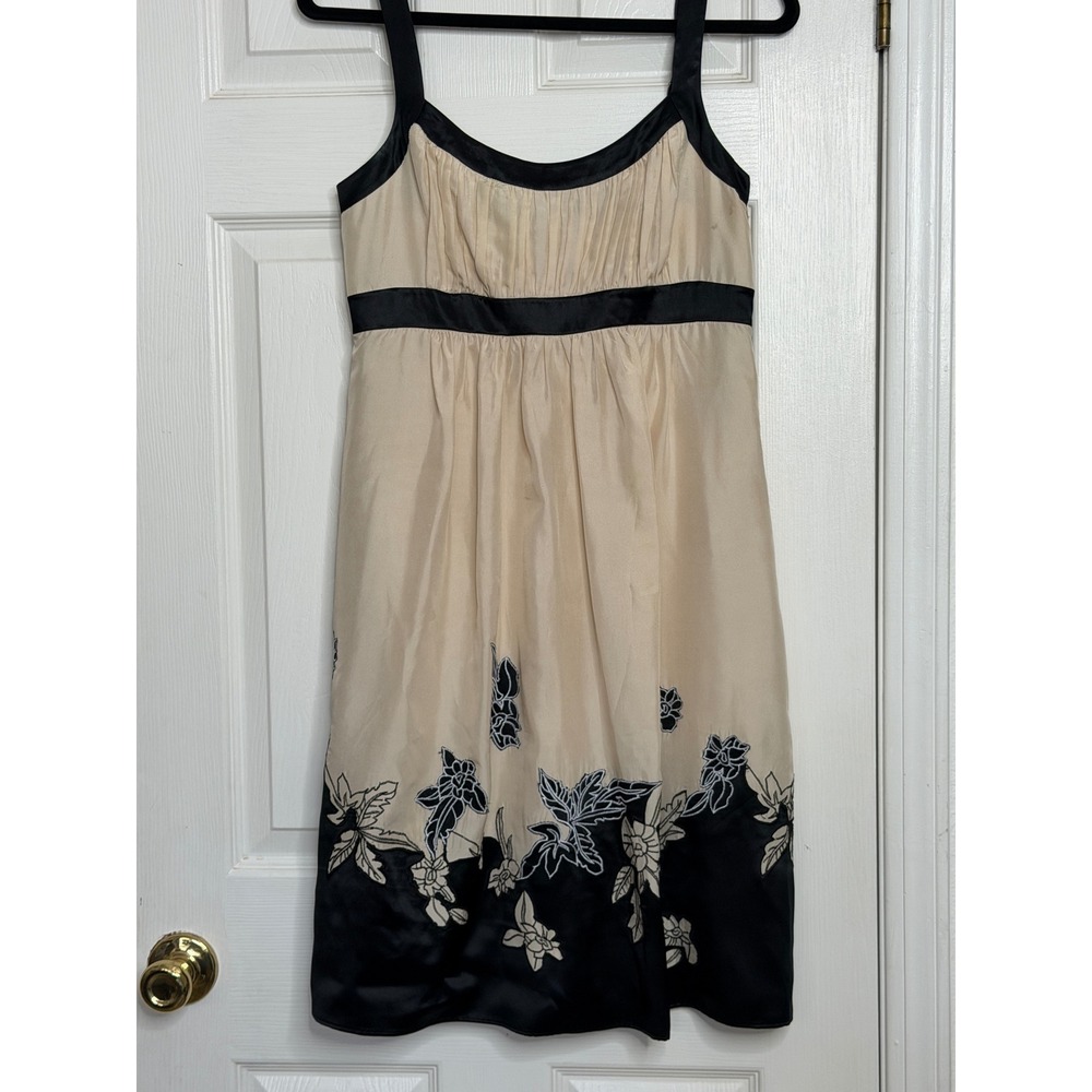 100% Silk Empire Waist Floral Border Print Cocktail Dress Cream Black